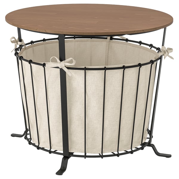 Masă de depozitare Aesbyn: blat din lemn, țesătură bej, cadru metalic negru; design rustic multifuncțional.
