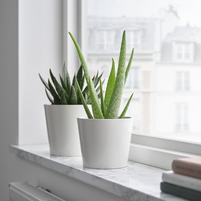 Două plante de ALOE VERA pe raftul de marmură lângă fereastră.