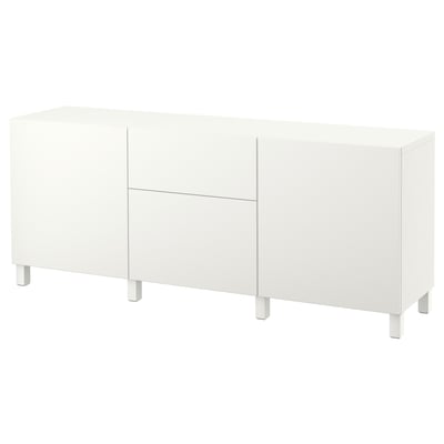 Un bufet ikea BESTÅ alb cu trei secțiuni, cu design minimalist, linii curate și un finisaj elegant.