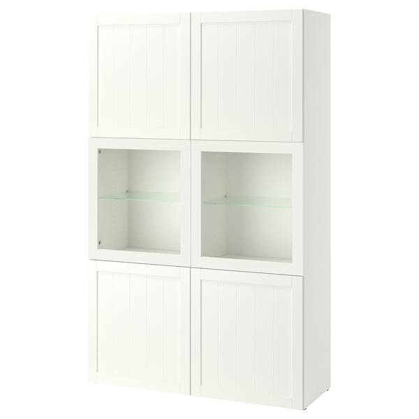Dulap alb BESTÅ cu uși din sticlă, design modern, rafturi reglabile.