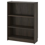 Bibliotecă BILLY în maro închis, textură din lemn, formă dreptunghiulară cu trei rafturi deschise. Design modern, minimalist.
