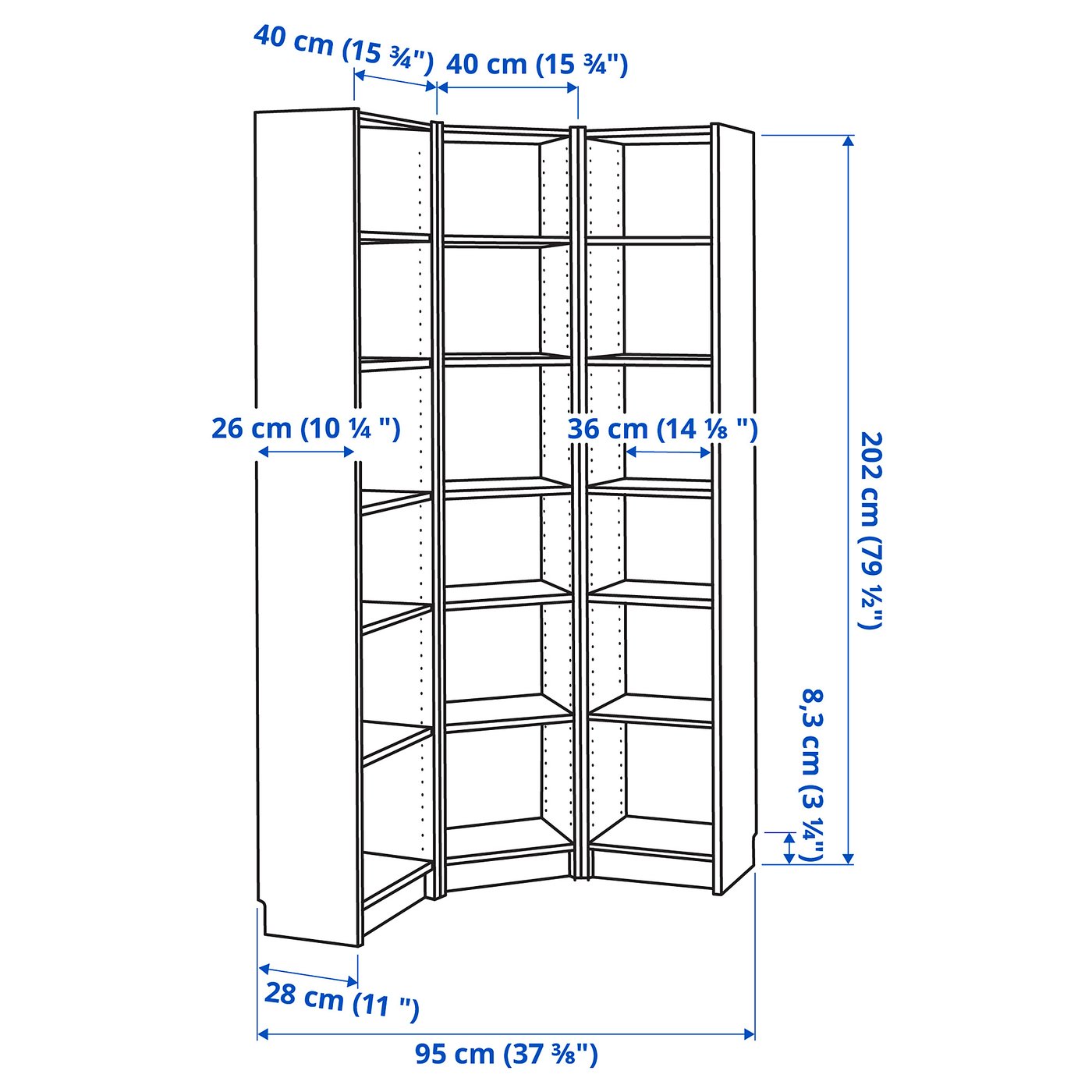 BILLY combinaţie bibliotecă/colţar, alb, 95/95x28x202 cm - IKEA
