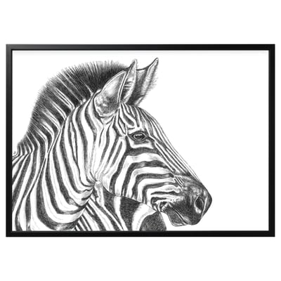 Imprimeu alb-negru cu cap de zebră, încadrat în negru, ilustrație detaliată.