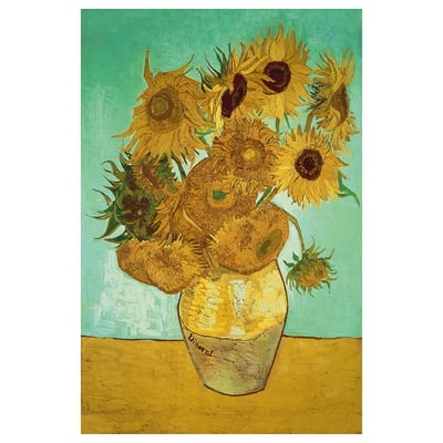 Pictura floarea-soarelui pe vază galbenă, fundal verde. Van Gogh stilul iconic.