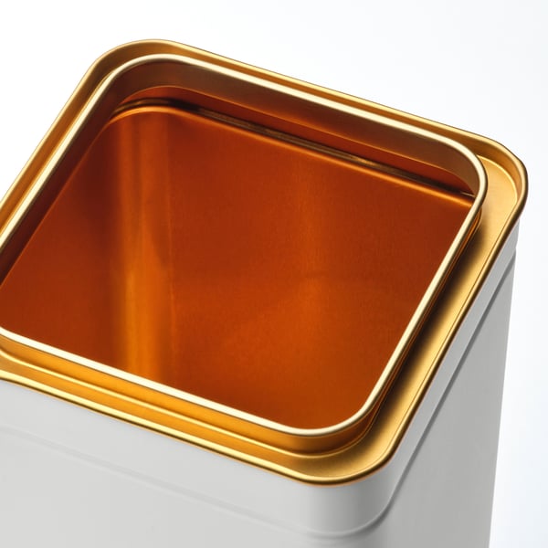 Tablă metalică pătrată cu margine aurie; elegant, durabil, care blochează lumina pentru păstrarea aromelor.