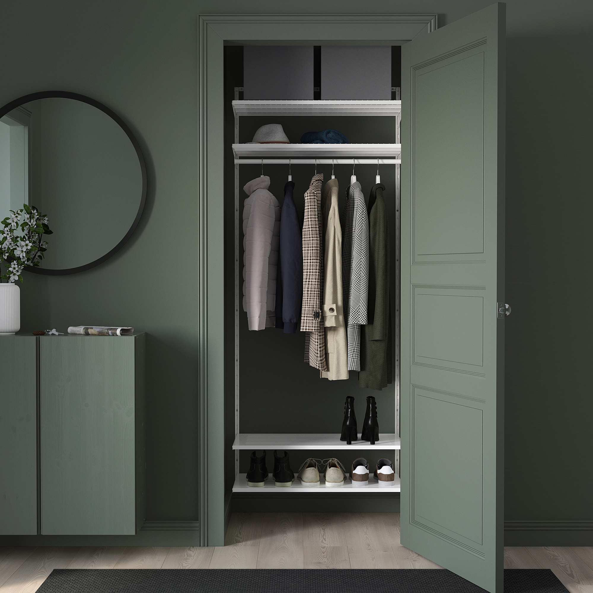 Depozitare de perete BOAXEL în verde cu rafturi, șină și oglindă.