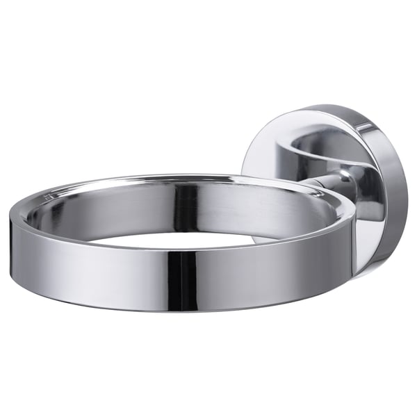 Un suport pentru uscător de păr cromat BOBSJÖN, montat pe perete. Este circulară cu un design elegant și modern.