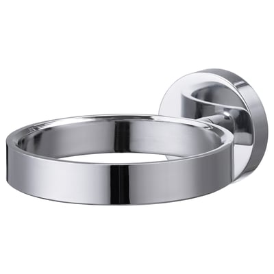 Un suport pentru uscător de păr cromat BOBSJÖN, montat pe perete. Este circulară cu un design elegant și modern.