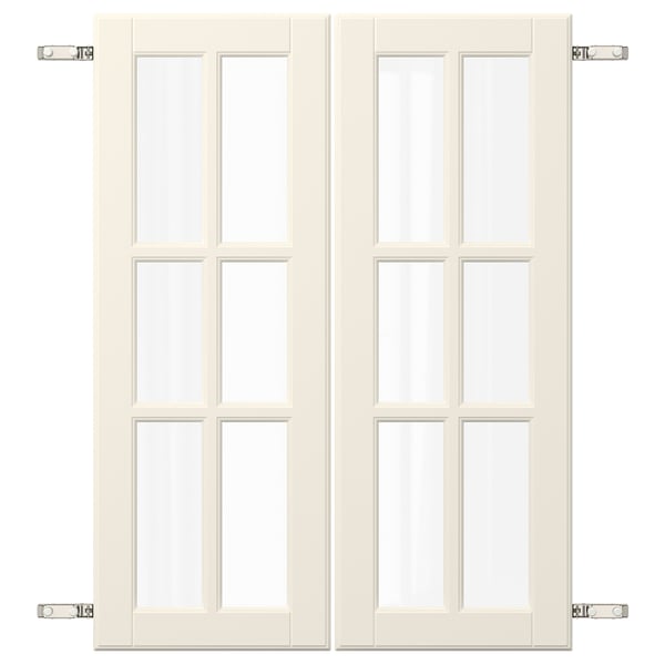 Ușă pliantă albă BODBYN cu panouri pătrate din sticlă.