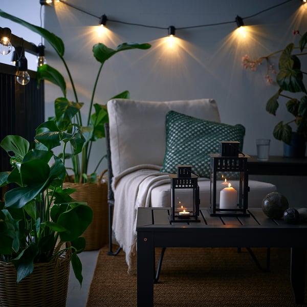 BORRBY Felinar lumânare pastilă, interior/exterior negru, 20 cm