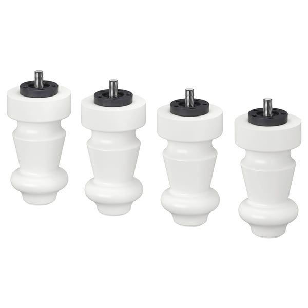 Patru picioare din lemn alb cu șuruburi negre în partea de sus, prezentate în diferite rotații.