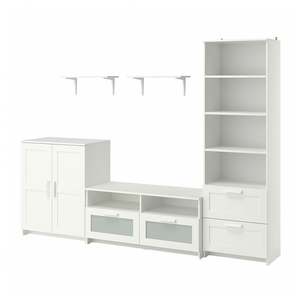 Set de mobilier BRIMNES: alb, lemn si sticla, design modern si curat, include banca TV, dulapuri, rafturi si biblioteca.