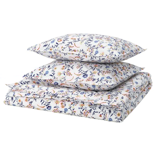 Set de pat BRUDKRUSBÄR: bumbac organic, alb cu flori multicolore, 2 perne, cearșaf montat