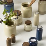 Containere BRUGDHAJ: gresie albastră și bej. Variați dimensiunile, depozitați condimentele. Unii țin flori, unul cu sare. Rustic, glazurat, blaturi din plută.