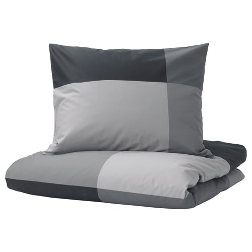 Set de lenjerie de pat BRUNKRISSLA în gri, cu husă de plapumă și față de pernă cu model de șah, din bumbac și viscoză.