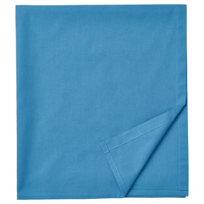 Un cearșaf albastru din bumbac DVALA. Este dreptunghiular, cu un colț pliat și un model texturat.