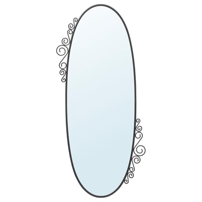 O oglindă de perete neagră EKNE cu laturi din sârmă de oțel învolburată, formă dreptunghiulară și suprafață reflectorizantă.