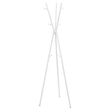 Un suport alb EKRAR cu picioare de trepied și mai multe cârlige. Este elegant și modern, fabricat din metal și aluminiu.