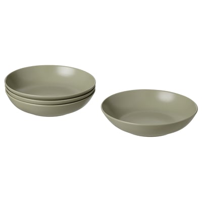 Patru boluri FÄRGKLAR elegante, de culoare verde pal, trei stivuite, unul singur; Design simplu, superficial, cu glazură netedă, stil modern.
