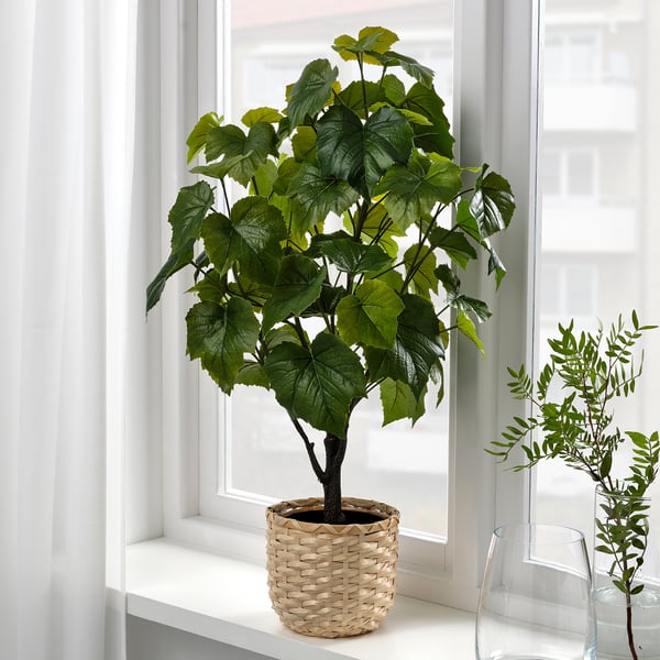 O plantă artificială în ghiveci într-un coș țesut stă pe pervaz, adăugând verdeață casei, potrivită atât pentru interior, cât și pentru exterior.