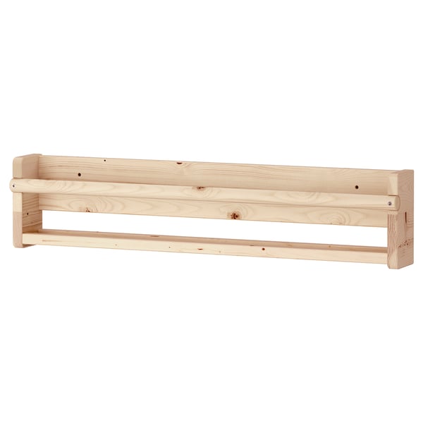 Expune un raft de perete din lemn deschis numit FLISAT, conceput pentru copii. Este dreptunghiular și poate ține cărți sau jucării.