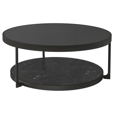 Măsuță de cafea rotundă neagră cu blat din sticlă fumurie și raft inferior cu efect de marmură, susținută de picioare metalice elegante.