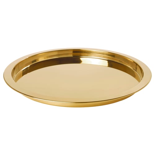 Tava metalică aurie GLATTIS, rotundă cu margine ridicată, design elegant din oțel inoxidabil pentru servire sau expunere.
