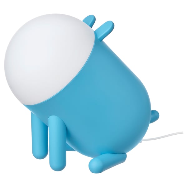 Lampă albastră GREJSIMOJS cu glob alb; patru picioare, design rotunjit.