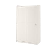 Un dulap alb HAUGA cu uși glisante, realizat din PAL, plăci de fibre și vopsea acrilică. Are o formă dreptunghiulară cu un design tradițional.