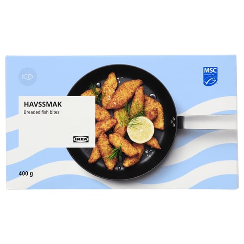 Ikea HAVSSMAK: mușcături de pește pane în cutie, 400g, în ambalaj albastru.