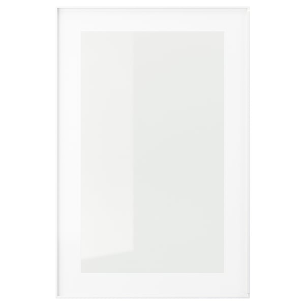O ușă de dulap din sticlă HEJSTA albă cu cadru din aluminiu. Este un panou de sticlă transparentă, un mâner integrat și o margine decorativă albă.