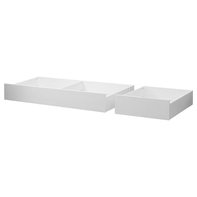 Două cutii de depozitare dreptunghiulare albe, design simplu și curat, cu un finisaj neted. Ideal pentru depozitarea sub pat.