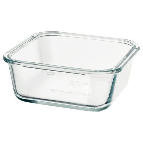 Recipient IKEA 365+ din sticlă transparentă, formă pătrată, fără capac, margini netede, corp transparent.