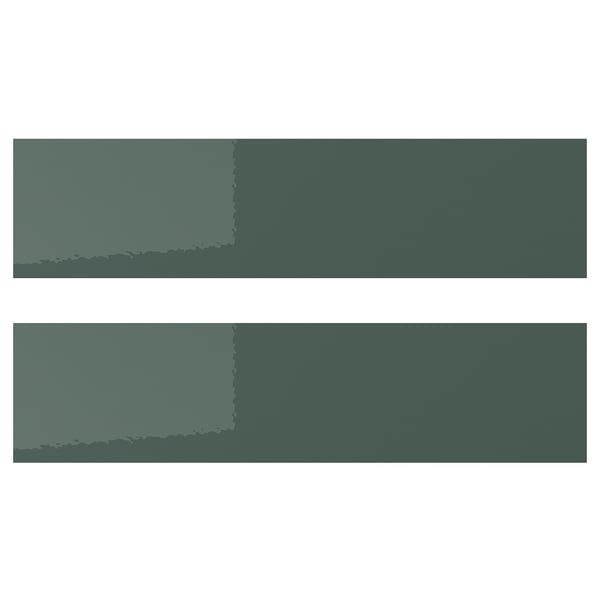 Două fronturi dreptunghiulare pentru sertare KALLARP, gri-verde lucios, design modern, linii drepte, acoperite cu folie de plastic reciclat.