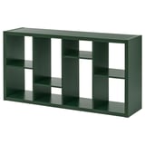 Raft KALLAX verde, dreptunghiular, cu mai multe compartimente pentru depozitare și expunere.