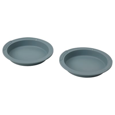 Două forme rotunde de copt din silicon albastru, pot fi spălate în mașina de spălat vase, ideale pentru prăjituri, deserturi și omlete.