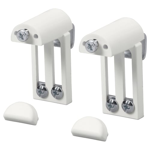 Două seturi de kituri de montare a jaluzelelor KLAMBY albe cu șuruburi, cu piese metalice și din plastic, concepute pentru atașare fără găurire.