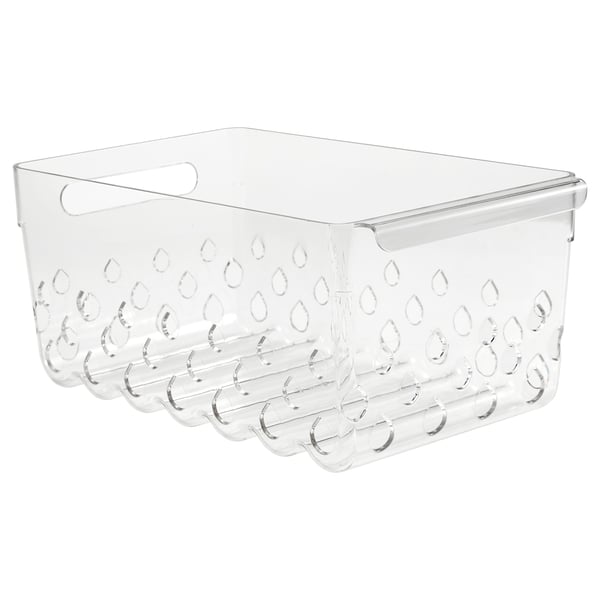 Coș frigider transparent KLIPPKAKTUS, plastic transparent, dreptunghiular cu orificii de ventilație și mânere decupate.