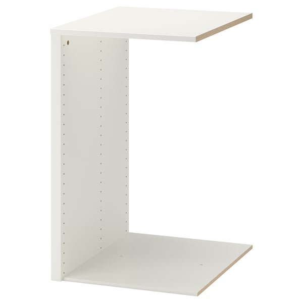 Este un organizator de dulap alb IKEA KOMPLEMENT, de formă pătrată, cu partea superioară și inferioară plată, realizată din PAL și folie de hârtie.