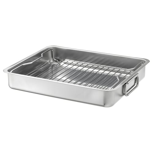 O tavă de prăjire din oțel inoxidabil KONCIS cu grătar, perfectă pentru cuptor sau grătar.