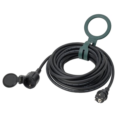 KOPPLA: cablu prelungitor exterior negru de 10 m cu cuier verde, cauciuc, capac cu închidere automată.