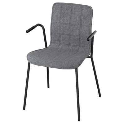 Scaun de conferință gri LÄKTARE cu brațe și picioare elegante din metal negru, șezut și spătar din țesătură texturată.