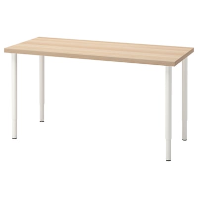 Birou LAGKAPTEN, blat din lemn deschis, picioare albe, înălțime reglabilă, design minimalist modern.
