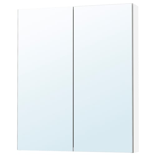 Un dulap de perete alb LETTAN cu uși cu oglindă care oferă spațiu de depozitare și reflectă lumina.