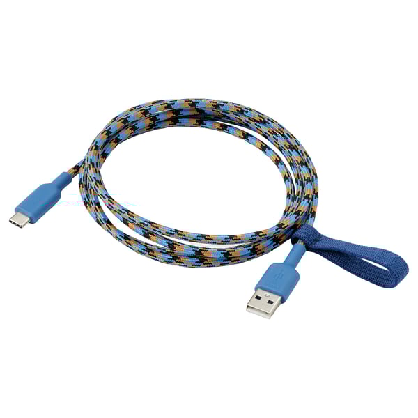 Cablu de încărcare usb albastru LILLHULT, spiralat cu model multicolor, capete flexibile din cauciuc, bandă fără încurcătură, 1. 5m lungime.