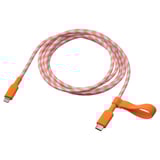 Un cablu USB LILLHULT portocaliu și alb cu capete de cauciuc.