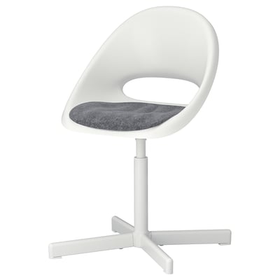Un scaun alb de birou pentru copii LOBERGET cu o pernă gri de șezut. Are un design modern, elegant, cu o înălțime pivotantă și reglabilă.