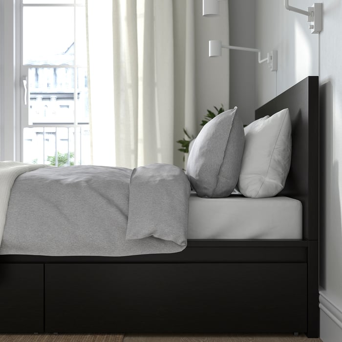 MALM cadru pat înalt+4 cutii depozitare, negru-maro, 160x200 cm - IKEA