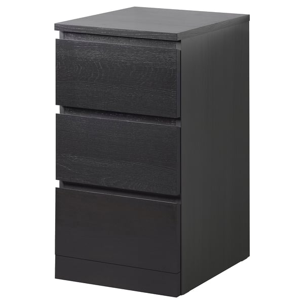Comodă neagră MALM, design elegant, trei sertare, suprafețe netede.
