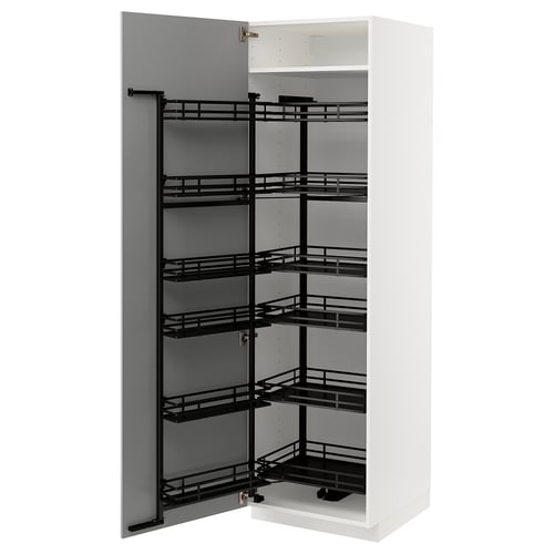 Dulap de bucătărie METOD alb cu interior gri, cu mai multe rafturi extensibile negre.